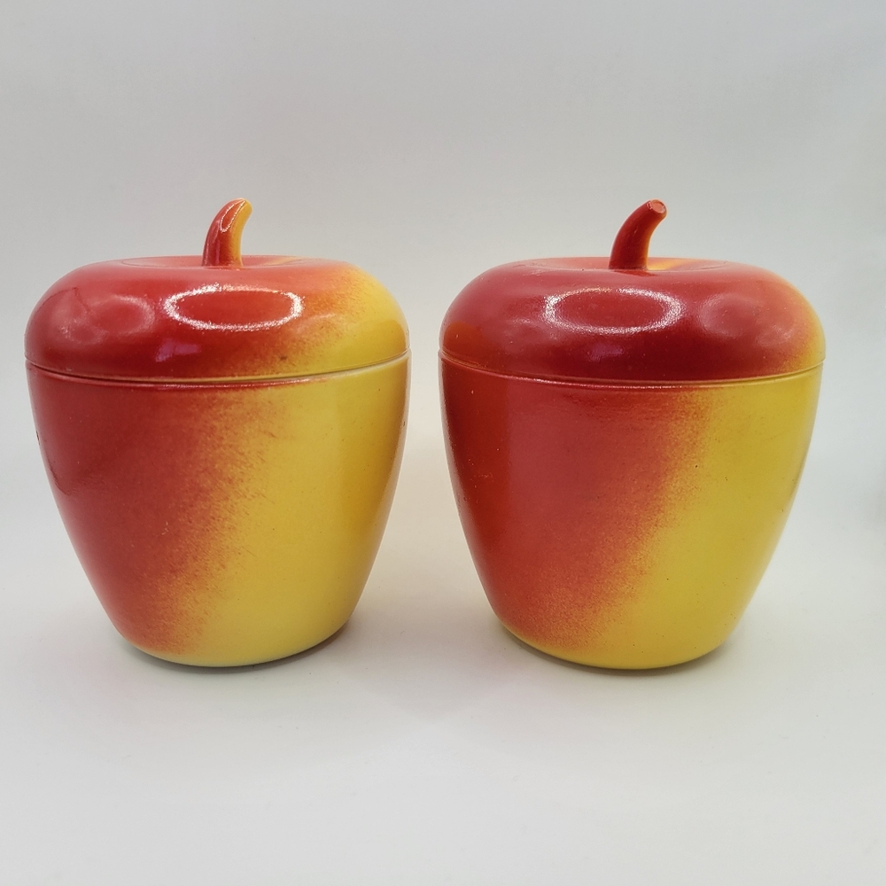 Pair Of Vintage Hazel Atlas Yellow Red Apple Milk Glass Jars With Lid